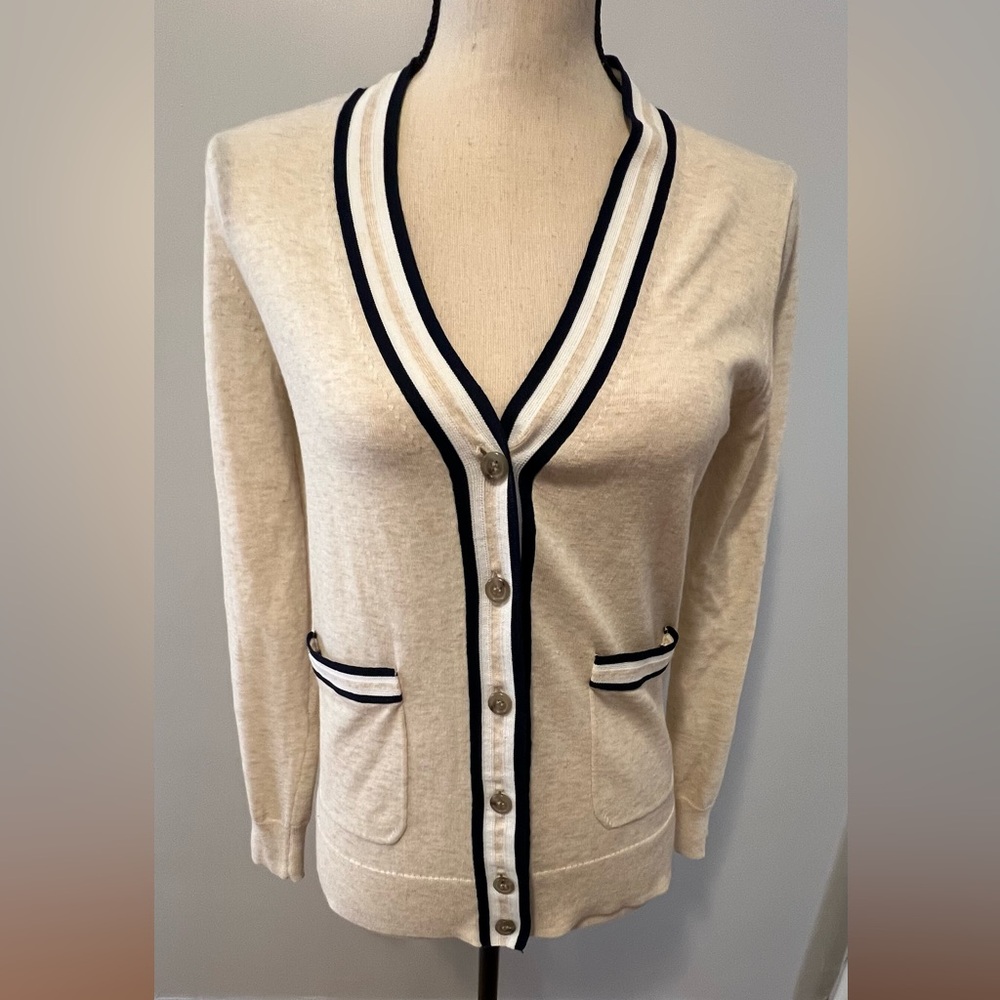 J. Crew Cream Cardigan with Navy Trim
